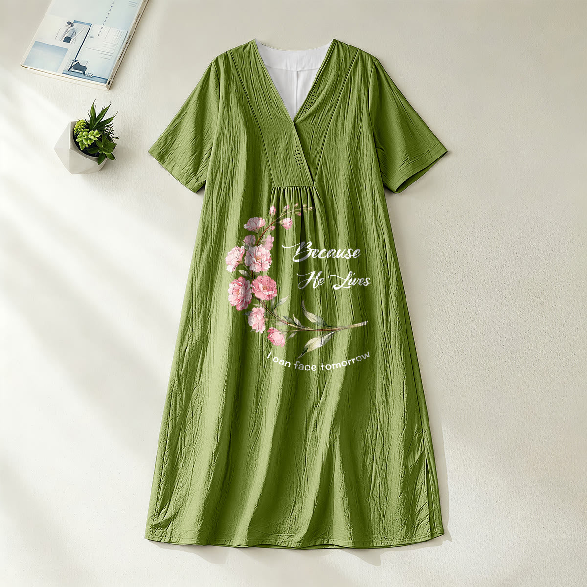 Christianartworkshop "Because He Lives I Can Face Tomorrow" Floral Branch Print V-Neck Short Sleeve Midi Dress