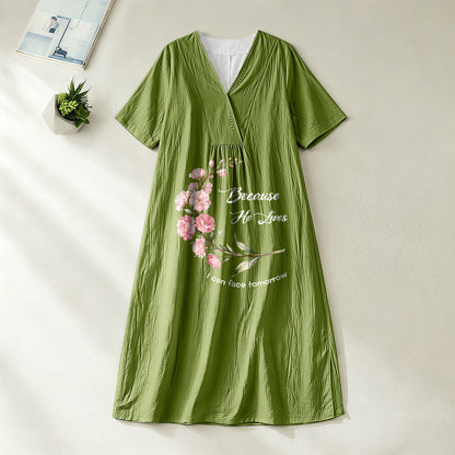 Christianartworkshop "Because He Lives I Can Face Tomorrow" Floral Branch Print V-Neck Short Sleeve Midi Dress