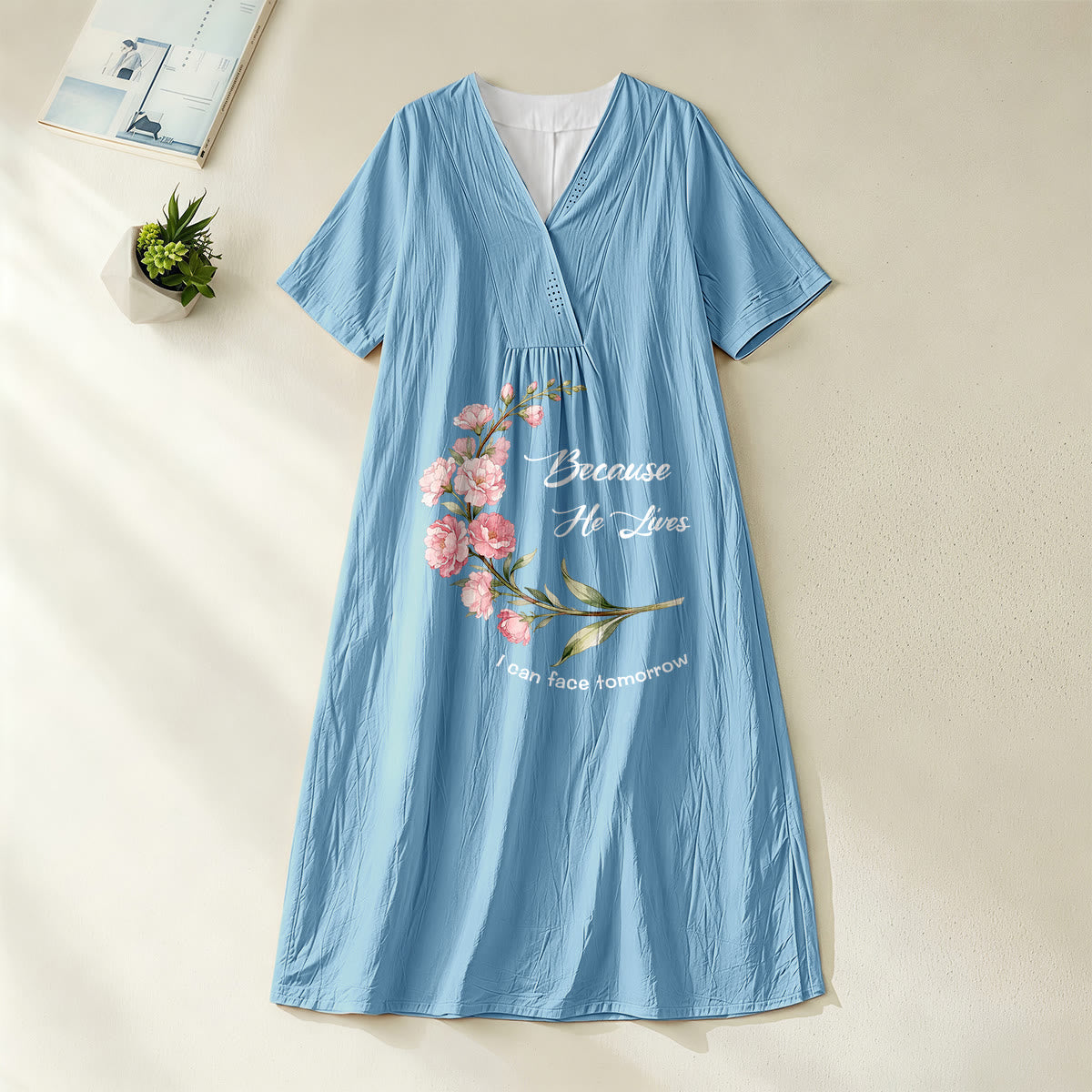 Christianartworkshop "Because He Lives I Can Face Tomorrow" Floral Branch Print V-Neck Short Sleeve Midi Dress