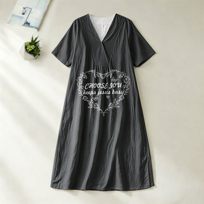 Christianartworkshop Plain Tone Love Scripture Rainbow Heart Slogan V-Neck Short Sleeve Midi Dress