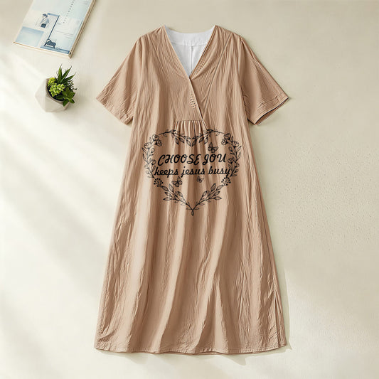 Christianartworkshop Plain Tone Love Scripture Rainbow Heart Slogan V-Neck Short Sleeve Midi Dress