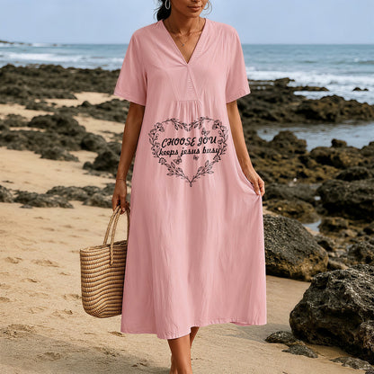 Christianartworkshop Plain Tone Love Scripture Rainbow Heart Slogan V-Neck Short Sleeve Midi Dress