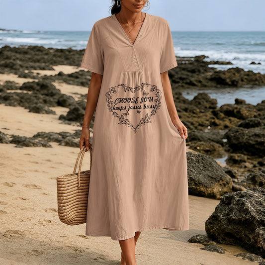 Christianartworkshop Plain Tone Love Scripture Rainbow Heart Slogan V-Neck Short Sleeve Midi Dress