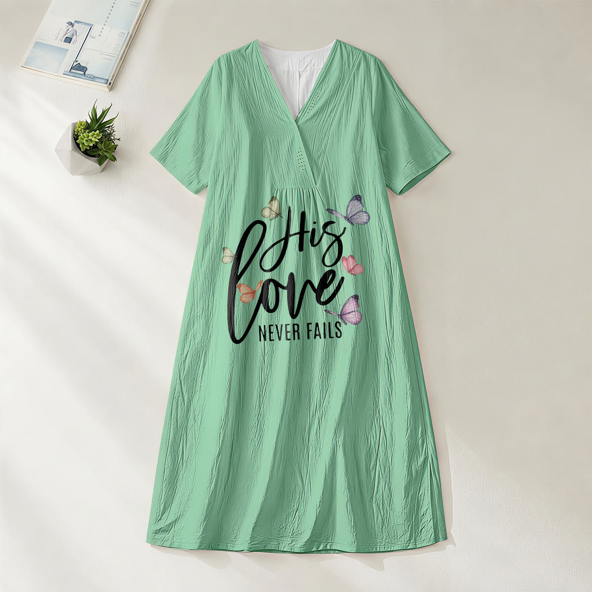 Christianartworkshop "His Love Never Fails" Butterfly Print V-Neck Short Sleeve Midi Dress