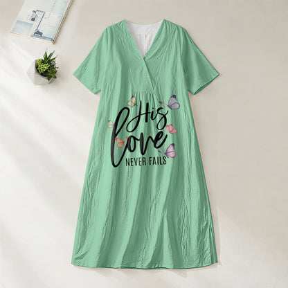 Christianartworkshop "His Love Never Fails" Butterfly Print V-Neck Short Sleeve Midi Dress