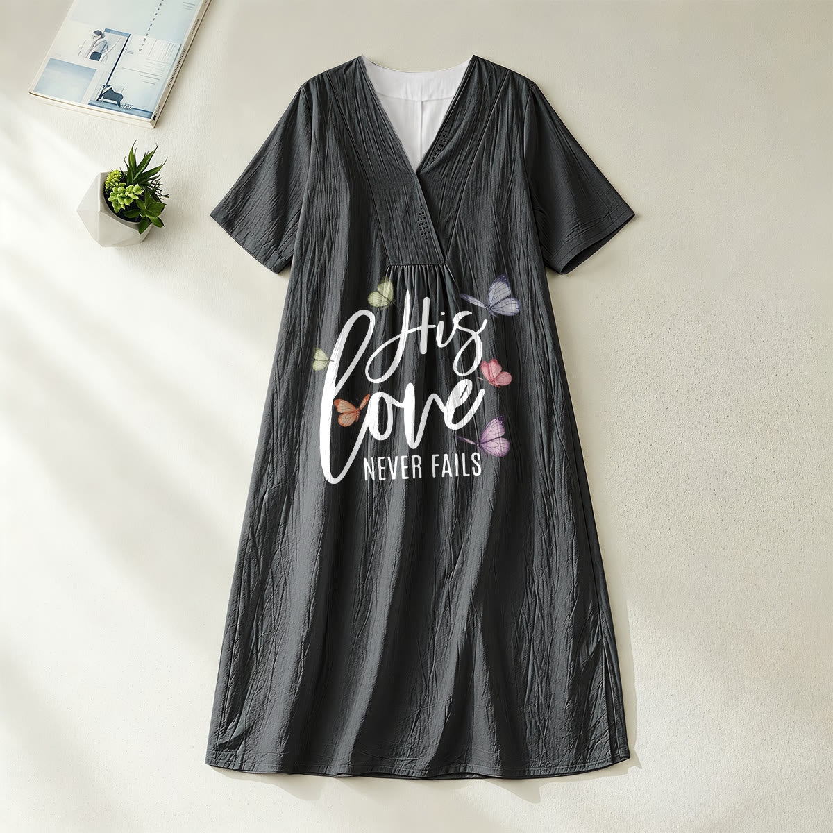 Christianartworkshop "His Love Never Fails" Butterfly Print V-Neck Short Sleeve Midi Dress