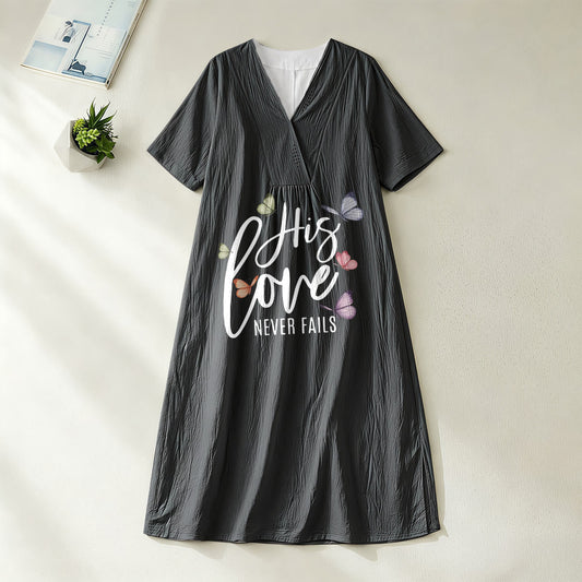 Christianartworkshop "His Love Never Fails" Butterfly Print V-Neck Short Sleeve Midi Dress