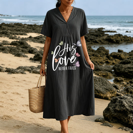 Christianartworkshop "His Love Never Fails" Butterfly Print V-Neck Short Sleeve Midi Dress