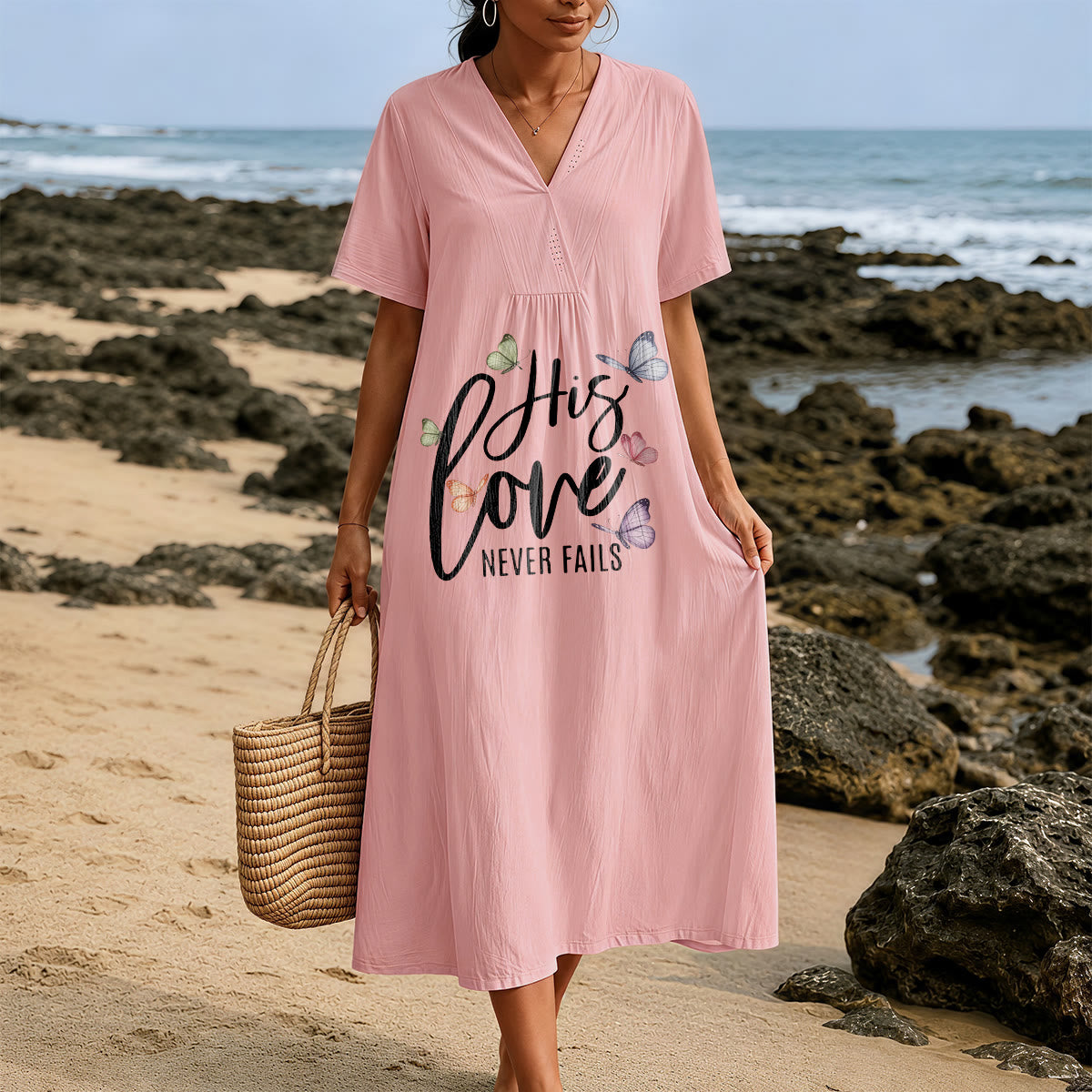 Christianartworkshop "His Love Never Fails" Butterfly Print V-Neck Short Sleeve Midi Dress