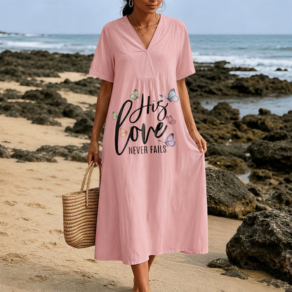 Christianartworkshop "His Love Never Fails" Butterfly Print V-Neck Short Sleeve Midi Dress