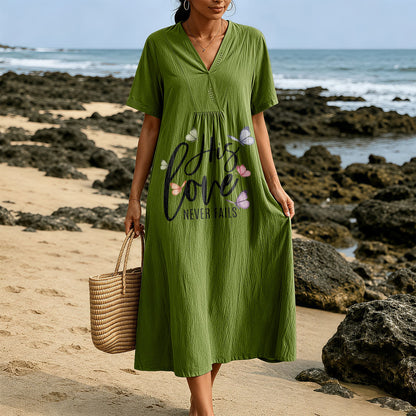 Christianartworkshop "His Love Never Fails" Butterfly Print V-Neck Short Sleeve Midi Dress
