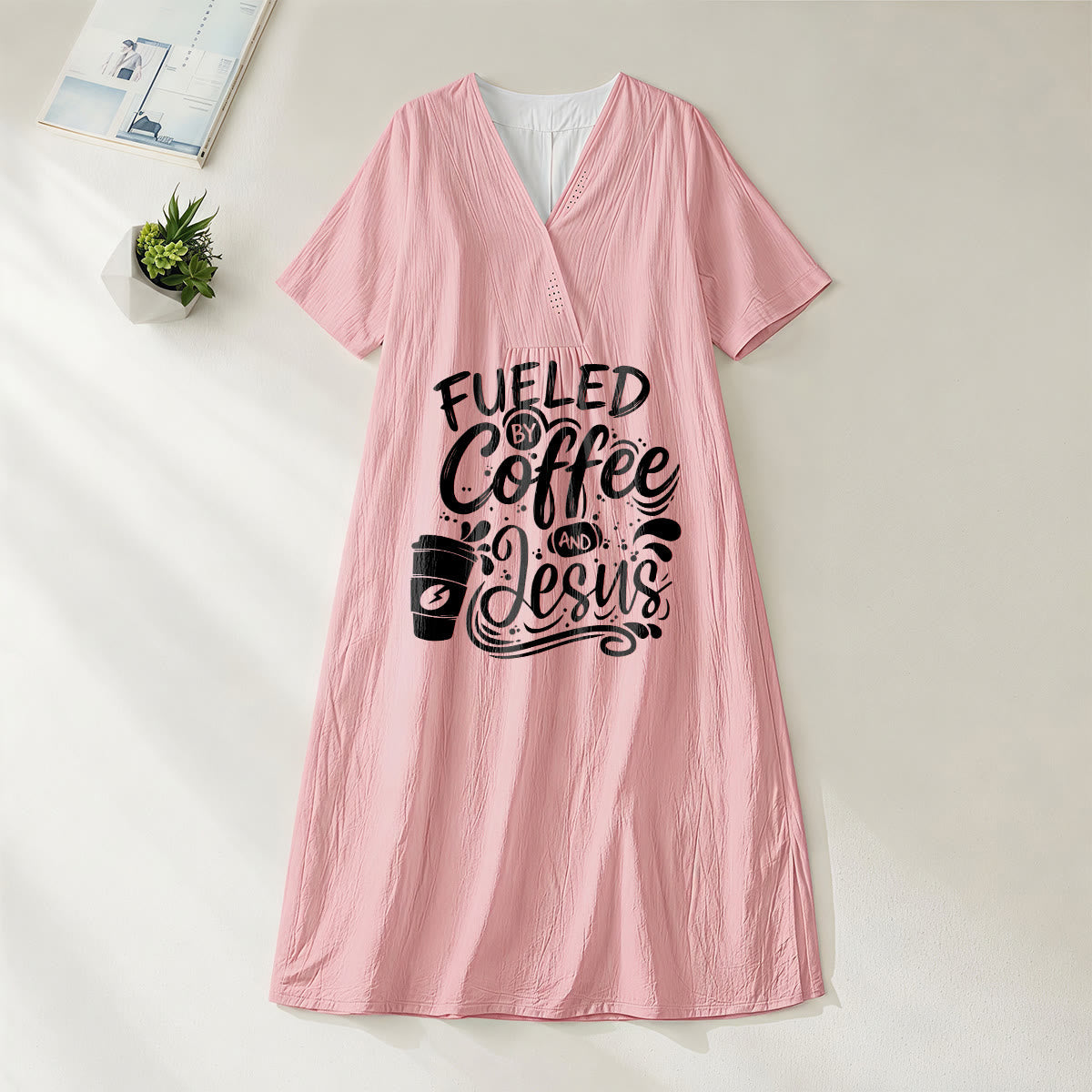 Christianartworkshop "Fueled by Coffee and Jesus" Calligraphy & Coffee Cup Print V-Neck Short Sleeve Midi Dress