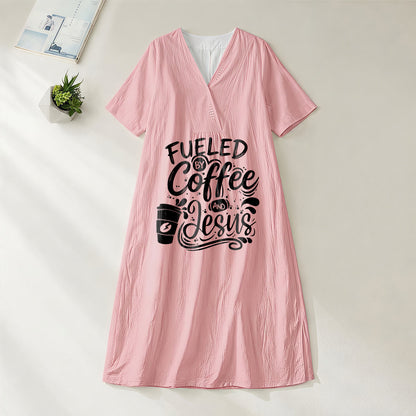 Christianartworkshop "Fueled by Coffee and Jesus" Calligraphy & Coffee Cup Print V-Neck Short Sleeve Midi Dress