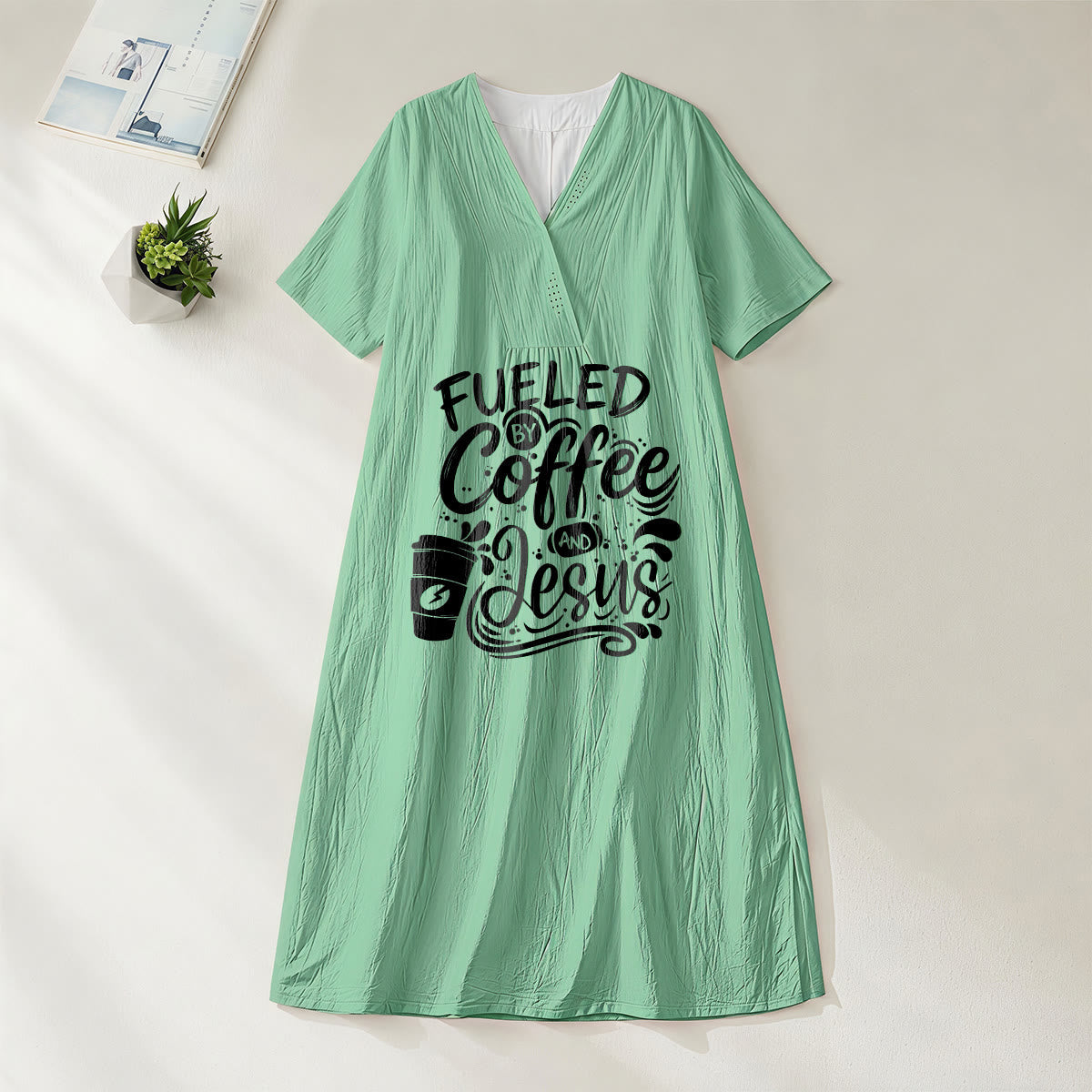 Christianartworkshop "Fueled by Coffee and Jesus" Calligraphy & Coffee Cup Print V-Neck Short Sleeve Midi Dress
