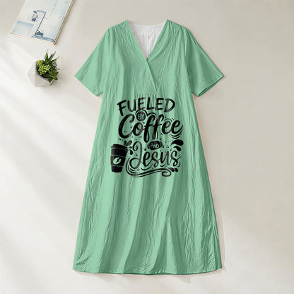 Christianartworkshop "Fueled by Coffee and Jesus" Calligraphy & Coffee Cup Print V-Neck Short Sleeve Midi Dress