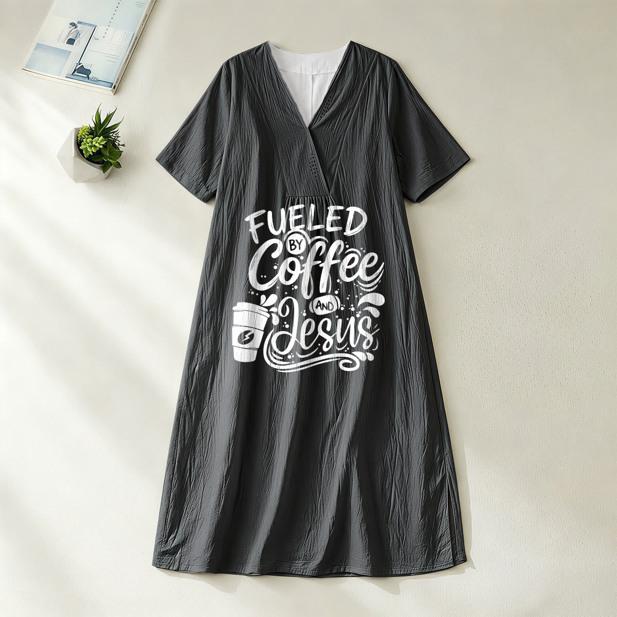 Christianartworkshop "Fueled by Coffee and Jesus" Calligraphy & Coffee Cup Print V-Neck Short Sleeve Midi Dress