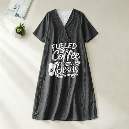Christianartworkshop "Fueled by Coffee and Jesus" Calligraphy & Coffee Cup Print V-Neck Short Sleeve Midi Dress