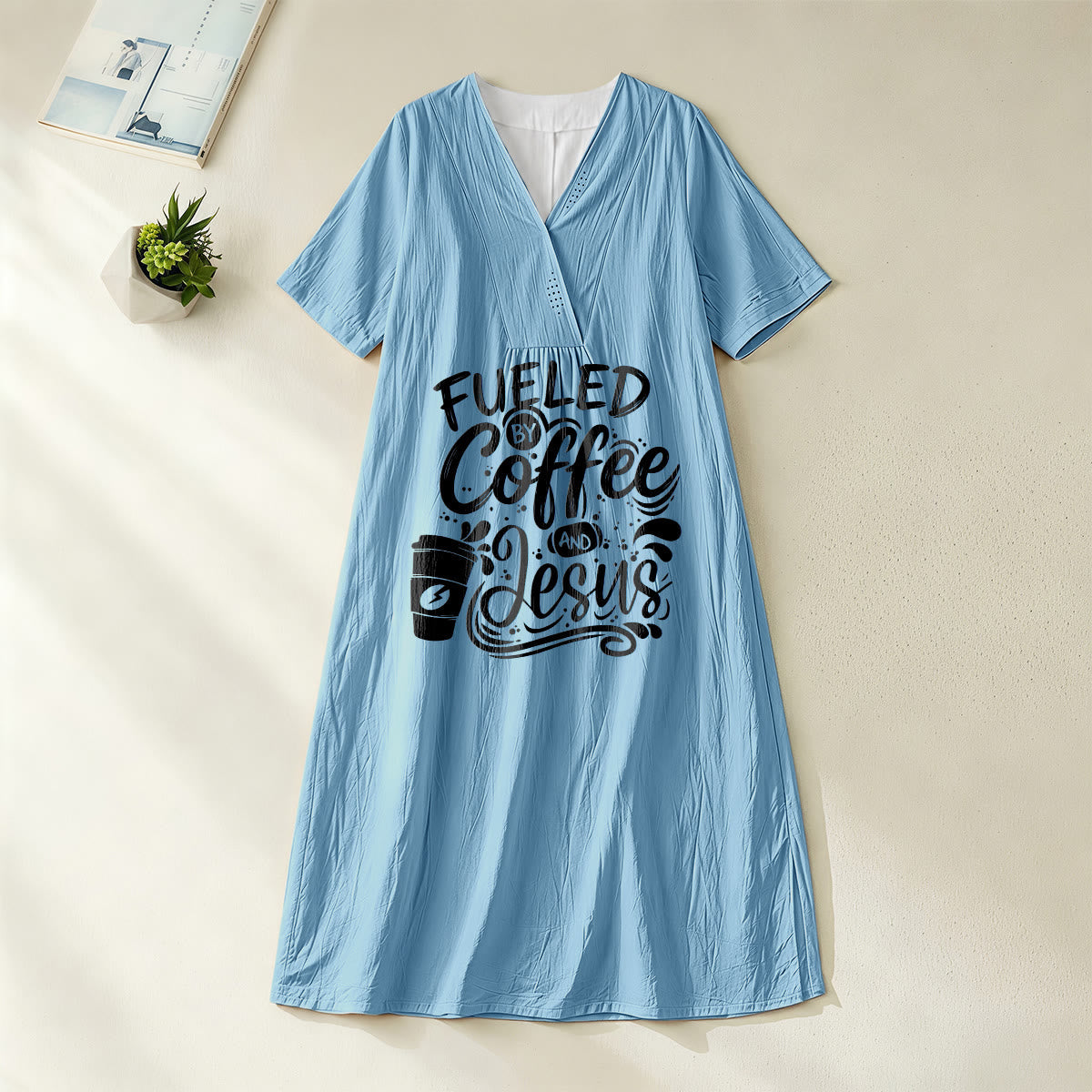 Christianartworkshop "Fueled by Coffee and Jesus" Calligraphy & Coffee Cup Print V-Neck Short Sleeve Midi Dress