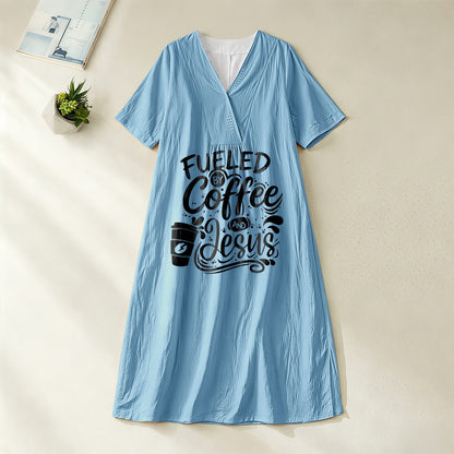 Christianartworkshop "Fueled by Coffee and Jesus" Calligraphy & Coffee Cup Print V-Neck Short Sleeve Midi Dress