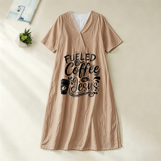 Christianartworkshop "Fueled by Coffee and Jesus" Calligraphy & Coffee Cup Print V-Neck Short Sleeve Midi Dress
