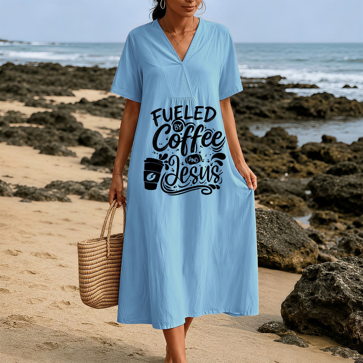 Christianartworkshop "Fueled by Coffee and Jesus" Calligraphy & Coffee Cup Print V-Neck Short Sleeve Midi Dress