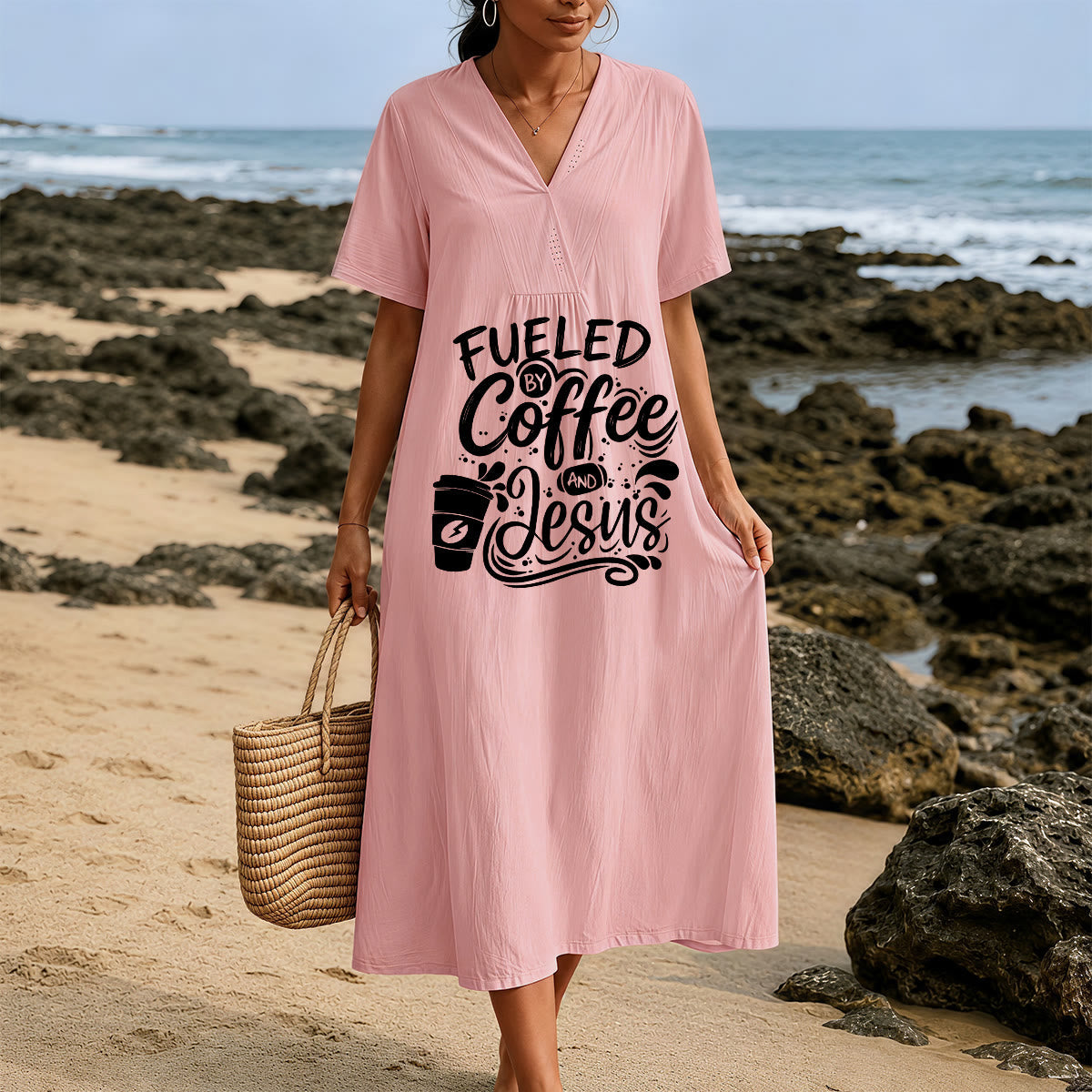 Christianartworkshop "Fueled by Coffee and Jesus" Calligraphy & Coffee Cup Print V-Neck Short Sleeve Midi Dress