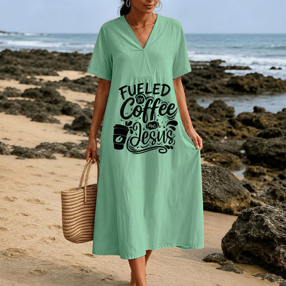 Christianartworkshop "Fueled by Coffee and Jesus" Calligraphy & Coffee Cup Print V-Neck Short Sleeve Midi Dress