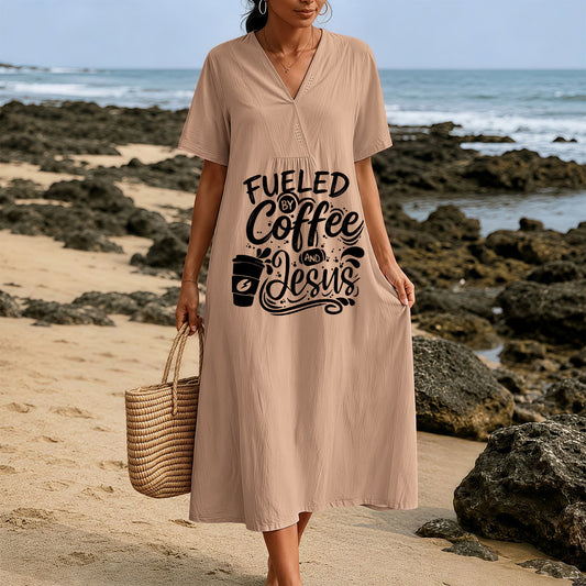 Christianartworkshop "Fueled by Coffee and Jesus" Calligraphy & Coffee Cup Print V-Neck Short Sleeve Midi Dress
