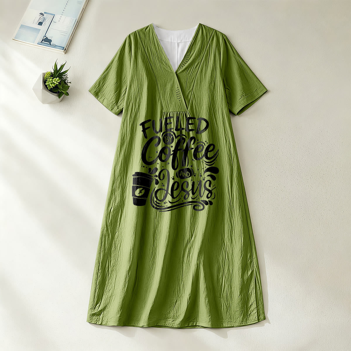 Christianartworkshop "Fueled by Coffee and Jesus" Calligraphy & Coffee Cup Print V-Neck Short Sleeve Midi Dress
