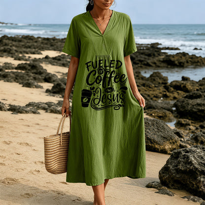 Christianartworkshop "Fueled by Coffee and Jesus" Calligraphy & Coffee Cup Print V-Neck Short Sleeve Midi Dress