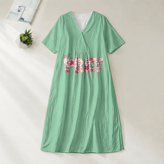 Christianartworkshop Floral & Cross Pattern "Just Pray" Statement V-Neck Short Sleeve Midi Dress