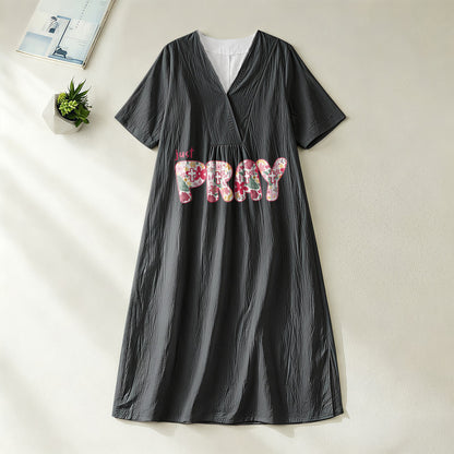 Christianartworkshop Floral & Cross Pattern "Just Pray" Statement V-Neck Short Sleeve Midi Dress