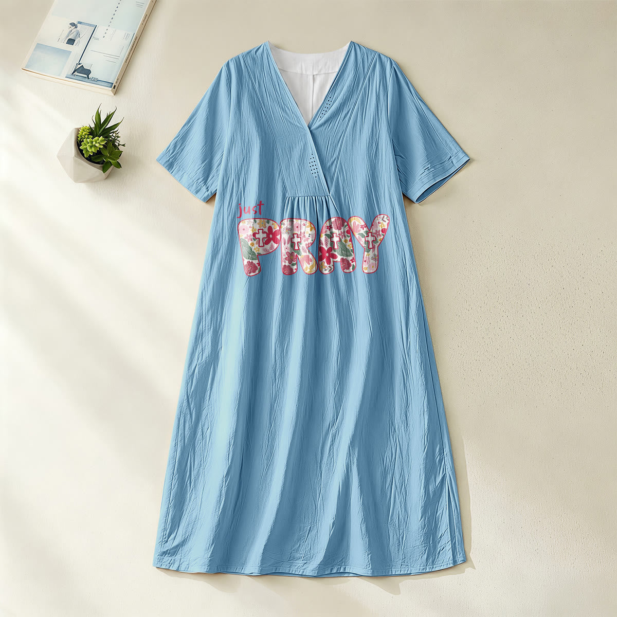 Christianartworkshop Floral & Cross Pattern "Just Pray" Statement V-Neck Short Sleeve Midi Dress