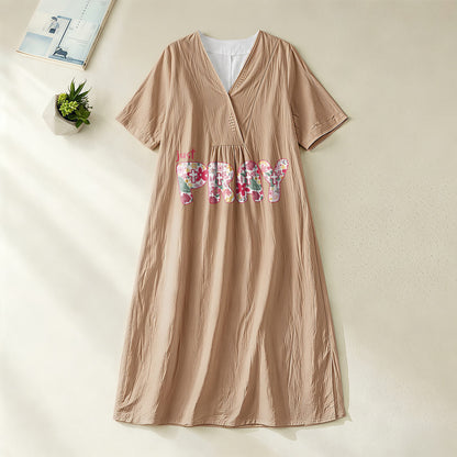 Christianartworkshop Floral & Cross Pattern "Just Pray" Statement V-Neck Short Sleeve Midi Dress