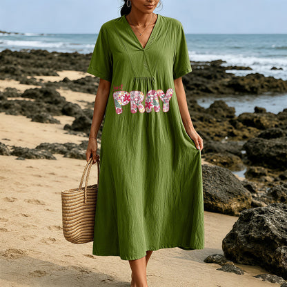 Christianartworkshop Floral & Cross Pattern "Just Pray" Statement V-Neck Short Sleeve Midi Dress