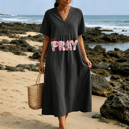Christianartworkshop Floral & Cross Pattern "Just Pray" Statement V-Neck Short Sleeve Midi Dress