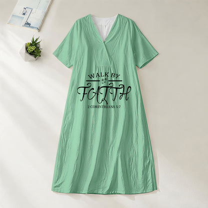 Christianartworkshop "Walk by Faith" 2 Corinthians 5:7 Scripture Print V-Neck Short Sleeve Midi Dress