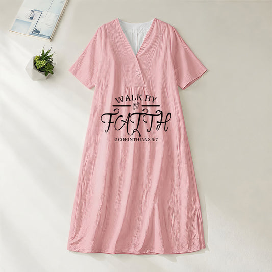Christianartworkshop "Walk by Faith" 2 Corinthians 5:7 Scripture Print V-Neck Short Sleeve Midi Dress