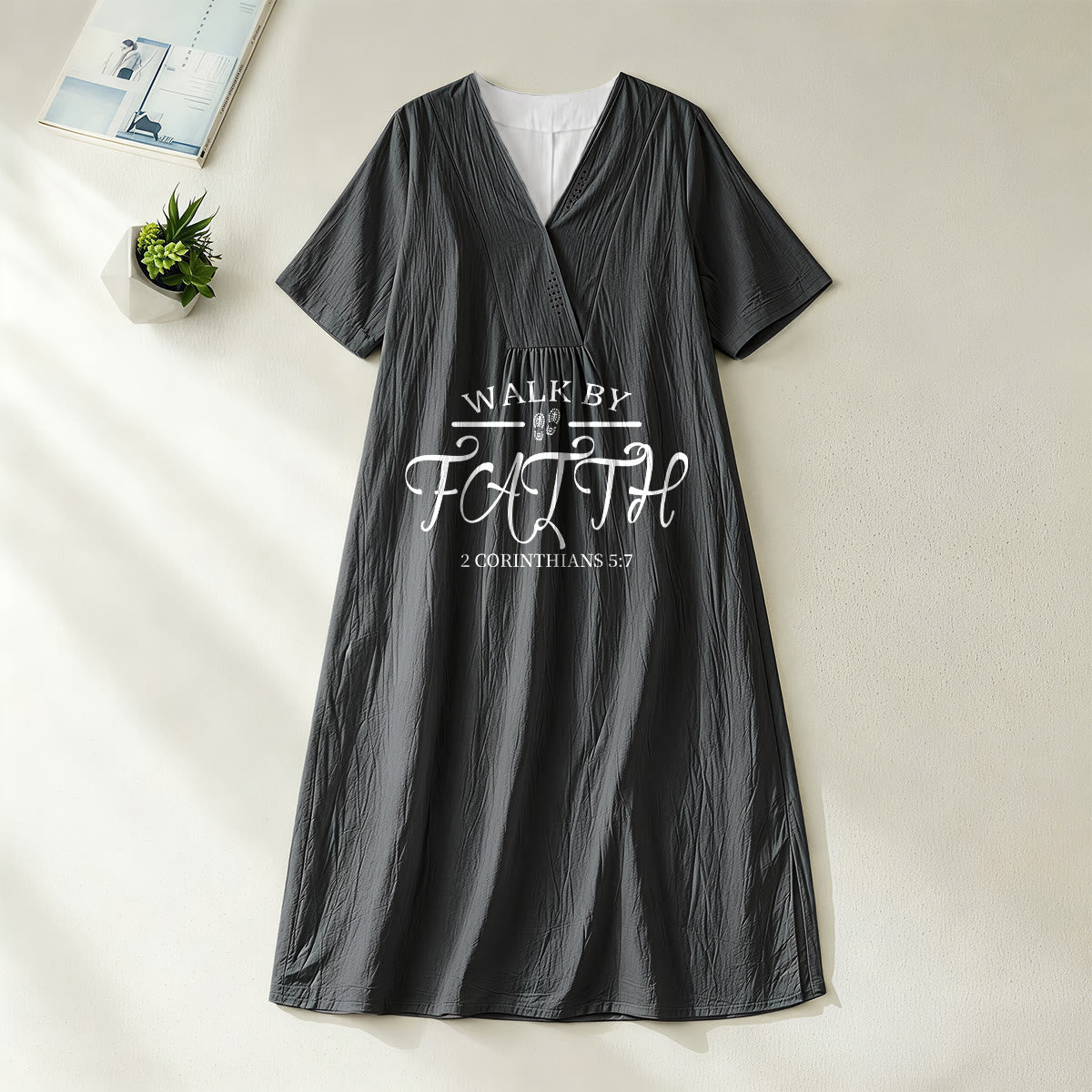 Christianartworkshop "Walk by Faith" 2 Corinthians 5:7 Scripture Print V-Neck Short Sleeve Midi Dress