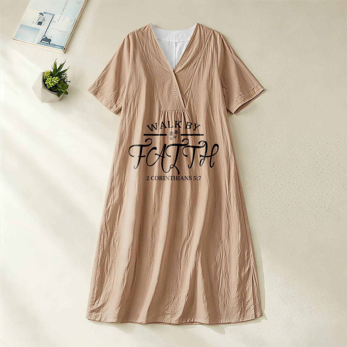 Christianartworkshop "Walk by Faith" 2 Corinthians 5:7 Scripture Print V-Neck Short Sleeve Midi Dress