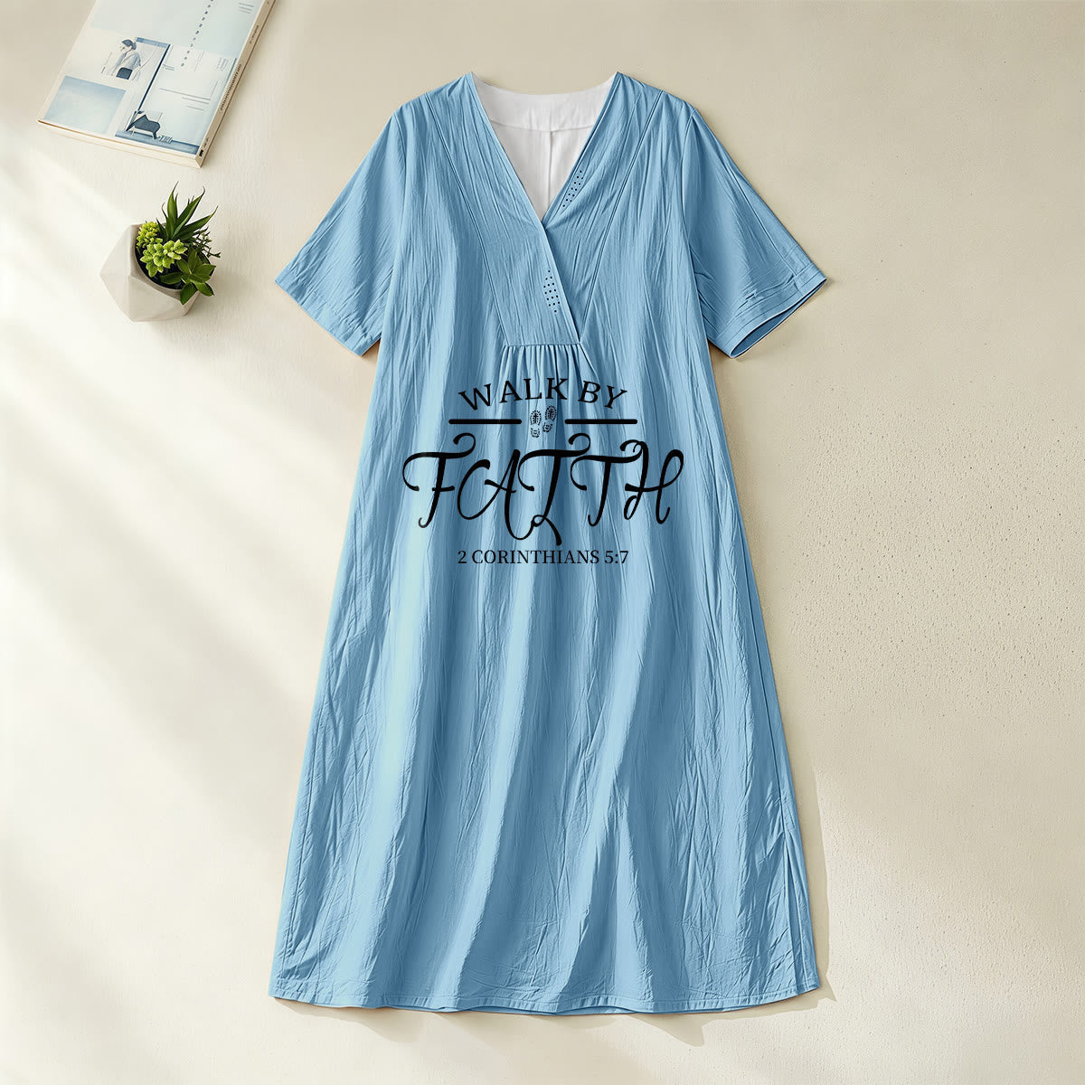 Christianartworkshop "Walk by Faith" 2 Corinthians 5:7 Scripture Print V-Neck Short Sleeve Midi Dress