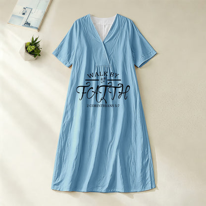 Christianartworkshop "Walk by Faith" 2 Corinthians 5:7 Scripture Print V-Neck Short Sleeve Midi Dress