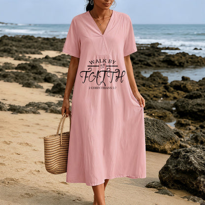 Christianartworkshop "Walk by Faith" 2 Corinthians 5:7 Scripture Print V-Neck Short Sleeve Midi Dress