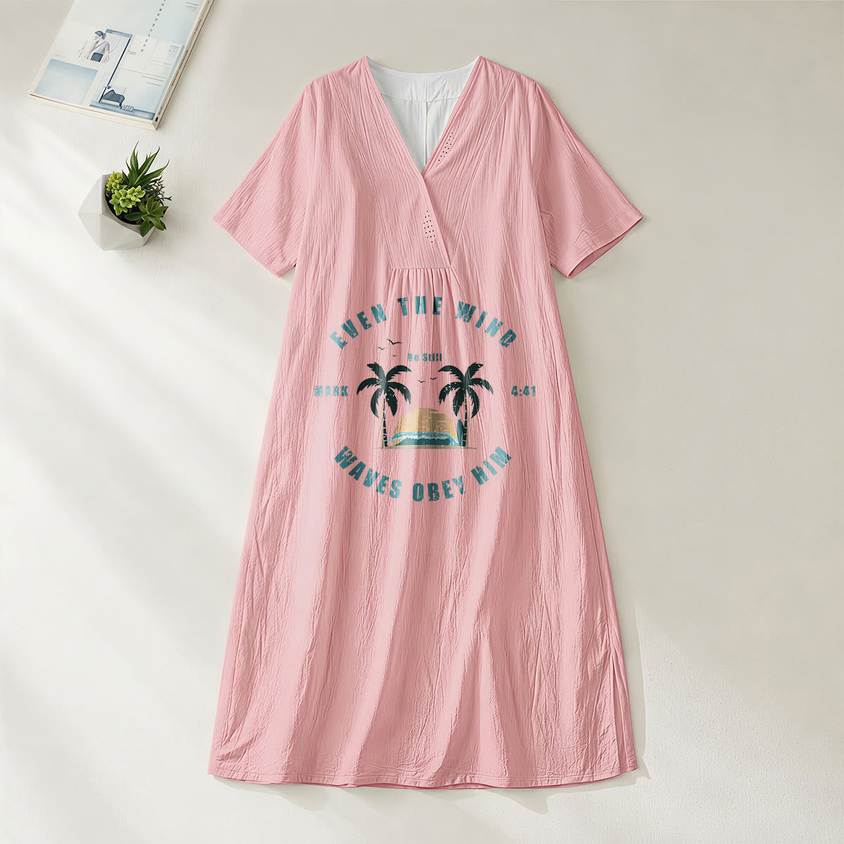 Christianartworkshop Coastal Faith Verse Palm Tree & Sunset Graphic V-Neck Short Sleeve Midi Dress