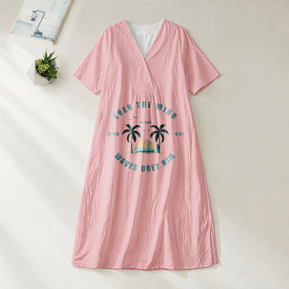 Christianartworkshop Coastal Faith Verse Palm Tree & Sunset Graphic V-Neck Short Sleeve Midi Dress