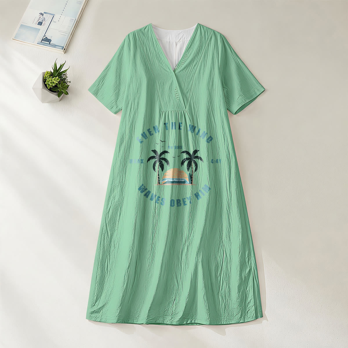 Christianartworkshop Coastal Faith Verse Palm Tree & Sunset Graphic V-Neck Short Sleeve Midi Dress