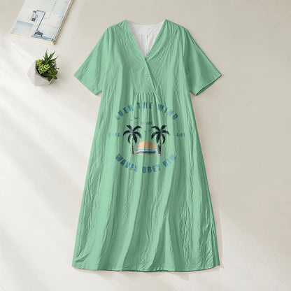 Christianartworkshop Coastal Faith Verse Palm Tree & Sunset Graphic V-Neck Short Sleeve Midi Dress