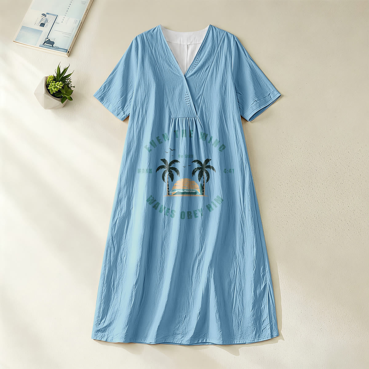 Christianartworkshop Coastal Faith Verse Palm Tree & Sunset Graphic V-Neck Short Sleeve Midi Dress