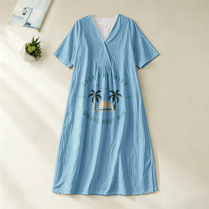 Christianartworkshop Coastal Faith Verse Palm Tree & Sunset Graphic V-Neck Short Sleeve Midi Dress