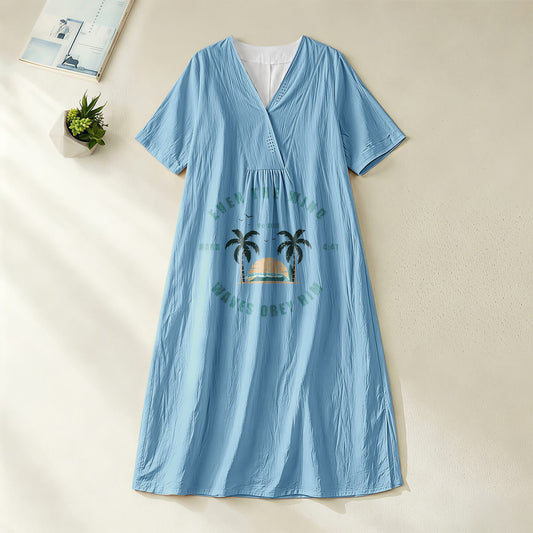 Christianartworkshop Coastal Faith Verse Palm Tree & Sunset Graphic V-Neck Short Sleeve Midi Dress